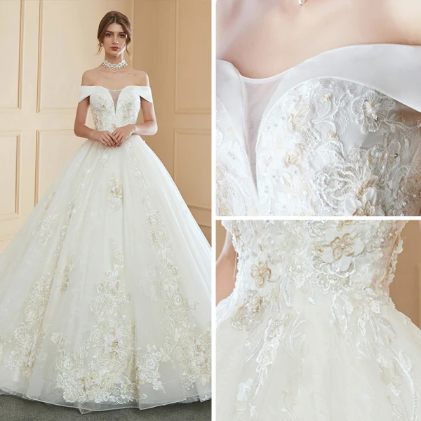 Modern / Fashion Ivory Wedding Dresses 2019 Ball Gown Off-The-Shoulder Short Sleeve Backless Appliques Lace Pearl Royal Train Ruffle