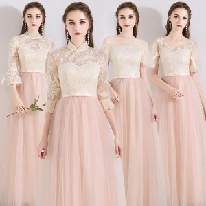 Chic Belle Perle Rose Transparentes Robe Demoiselle D 039 Honneur 2019 Princesse Appliques En Dentelle Noeud Ceinture Longue Volants Dos Nu Robe Pour Mariage
