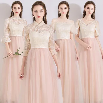 Chic Beautiful Pearl Pink See Through Bridesmaid Dresses 2019 A Line Princess Appliques Lace Bow Sash Floor Length Long Ruffle Backless Wedding Party Dresses