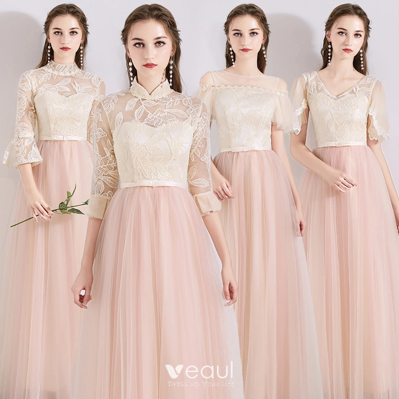 Chic / Beautiful Pearl Pink See-through Bridesmaid Dresses 2019 A-Line ...