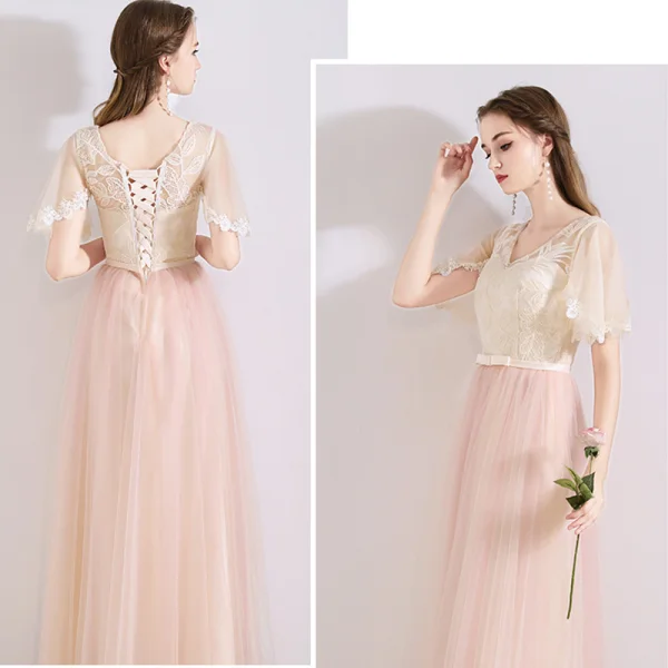 Chic / Beautiful Pearl Pink See-through Bridesmaid Dresses 2019 A-Line / Princess Appliques Lace Bow Sash Floor-Length / Long Ruffle Backless Wedding Party Dresses
