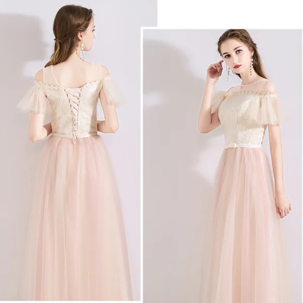 Chic / Beautiful Pearl Pink See-through Bridesmaid Dresses 2019 A-Line / Princess Appliques Lace Bow Sash Floor-Length / Long Ruffle Backless Wedding Party Dresses