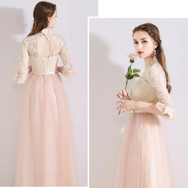 Chic / Beautiful Pearl Pink See-through Bridesmaid Dresses 2019 A-Line / Princess Appliques Lace Bow Sash Floor-Length / Long Ruffle Backless Wedding Party Dresses