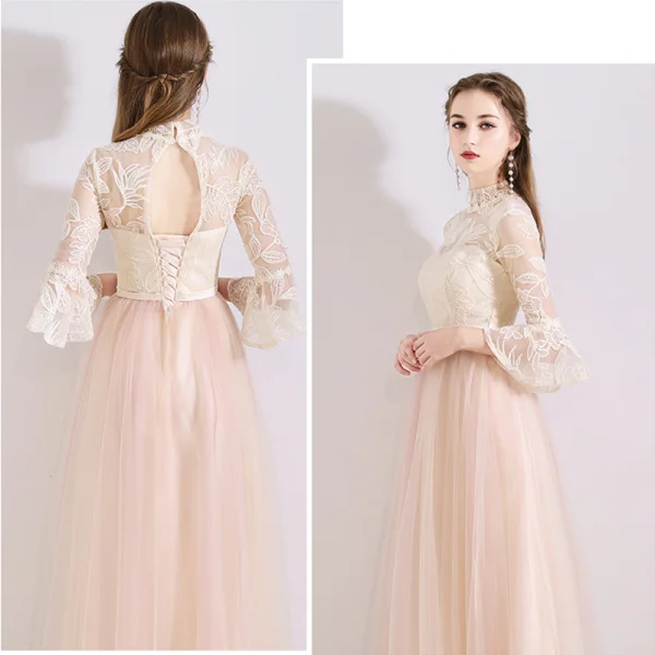Chic / Beautiful Pearl Pink See-through Bridesmaid Dresses 2019 A-Line / Princess Appliques Lace Bow Sash Floor-Length / Long Ruffle Backless Wedding Party Dresses