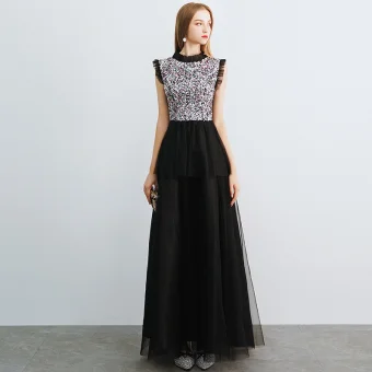 Abordable Noire Robe De Soirée 2019 Princesse Col Haut Sans Manches Glitter Paillettes Longue Volants Robe De Ceremonie