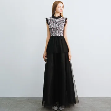 Abordable Noire Robe De Soirée 2019 Princesse Col Haut Sans Manches Glitter Paillettes Longue Volants Robe De Ceremonie
