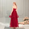 Bling Bling Burgundy Prom Dresses 2019 A-Line / Princess Spaghetti Straps Sleeveless Glitter Tulle Ankle Length Cascading Ruffles Backless Formal Dresses