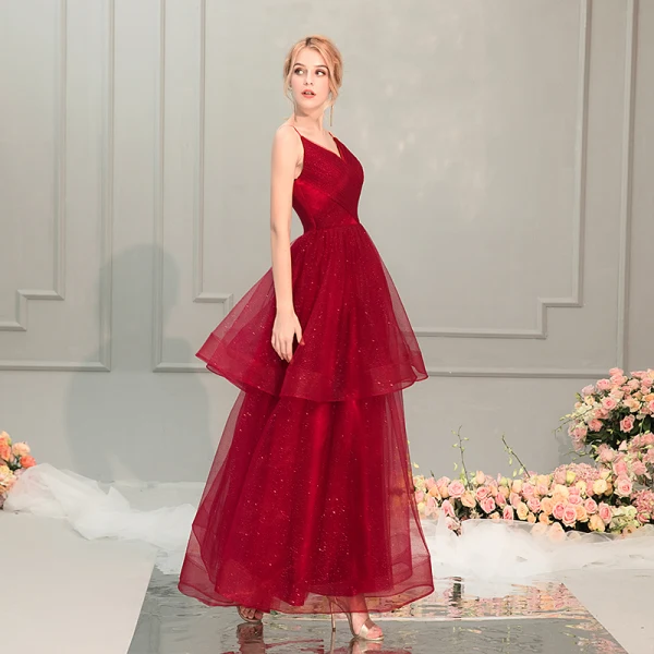 Bling Bling Burgundy Prom Dresses 2019 A-Line / Princess Spaghetti Straps Sleeveless Glitter Tulle Ankle Length Cascading Ruffles Backless Formal Dresses