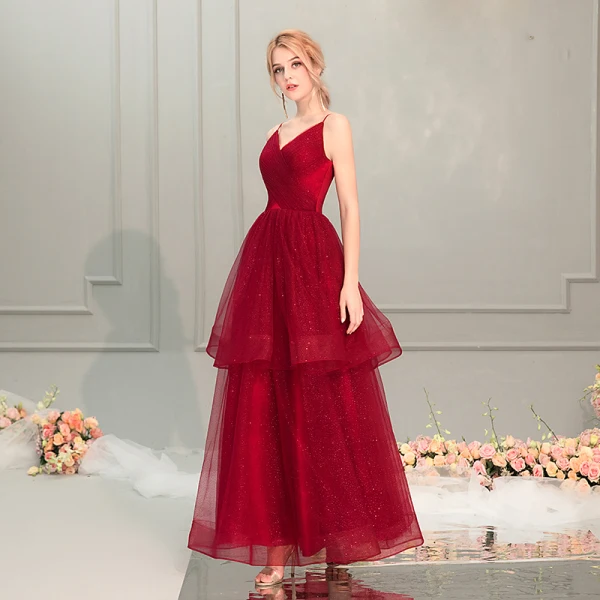 Bling Bling Burgundy Prom Dresses 2019 A-Line / Princess Spaghetti Straps Sleeveless Glitter Tulle Ankle Length Cascading Ruffles Backless Formal Dresses