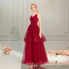 Bling Bling Burgundy Prom Dresses 2019 A-Line / Princess Spaghetti Straps Sleeveless Glitter Tulle Ankle Length Cascading Ruffles Backless Formal Dresses