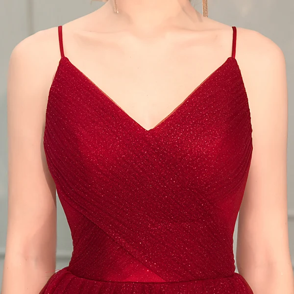 Bling Bling Burgundy Prom Dresses 2019 A-Line / Princess Spaghetti Straps Sleeveless Glitter Tulle Ankle Length Cascading Ruffles Backless Formal Dresses