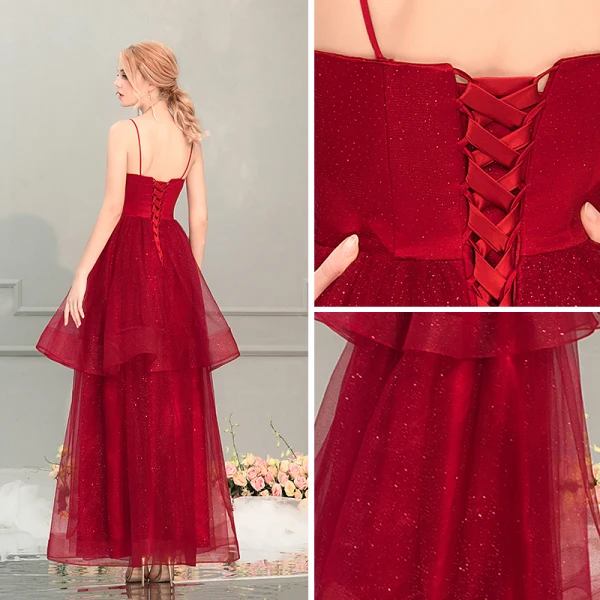 Bling Bling Burgundy Prom Dresses 2019 A-Line / Princess Spaghetti Straps Sleeveless Glitter Tulle Ankle Length Cascading Ruffles Backless Formal Dresses
