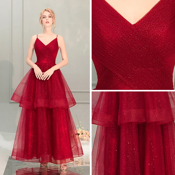 Bling Bling Burgundy Prom Dresses 2019 A-Line / Princess Spaghetti Straps Sleeveless Glitter Tulle Ankle Length Cascading Ruffles Backless Formal Dresses