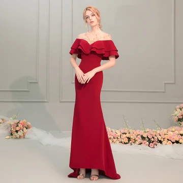 Charming Red See Through Evening Dresses 2019 Trumpet Mermaid Scoop Neck Short Sleeve Beading Sweep Train Ruffle Backless Formal Dresses