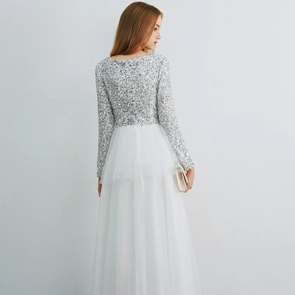Affordable Ivory Evening Dresses  2019 A-Line / Princess Scoop Neck Long Sleeve Glitter Sequins Floor-Length / Long Ruffle Formal Dresses