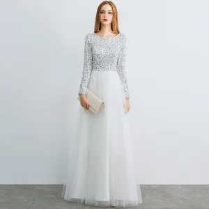 Abordable Ivoire Robe De Soirée 2019 Princesse Encolure Dégagée Manches Longues Glitter Paillettes Longue Volants Robe De Ceremonie