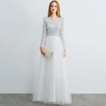 Abordable Ivoire Robe De Soirée 2019 Princesse Encolure Dégagée Manches Longues Glitter Paillettes Longue Volants Robe De Ceremonie