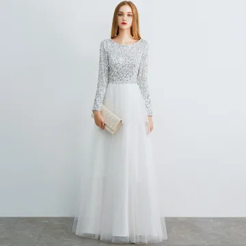Affordable Ivory Evening Dresses 2019 A Line Princess Scoop Neck Long Sleeve Glitter Sequins Floor Length Long Ruffle Formal Dresses