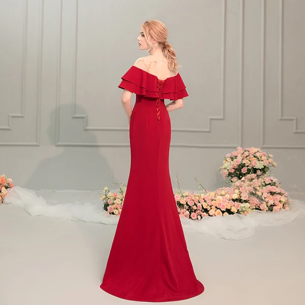 Charmant Rouge Transparentes Robe De Soirée 2019 Trompette / Sirène Encolure Dégagée Manches Courtes Perlage Train De Balayage Volants Dos Nu Robe De Ceremonie