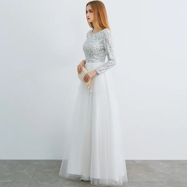 Affordable Ivory Evening Dresses  2019 A-Line / Princess Scoop Neck Long Sleeve Glitter Sequins Floor-Length / Long Ruffle Formal Dresses