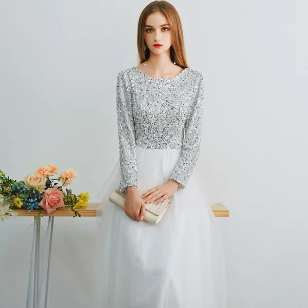 Affordable Ivory Evening Dresses  2019 A-Line / Princess Scoop Neck Long Sleeve Glitter Sequins Floor-Length / Long Ruffle Formal Dresses