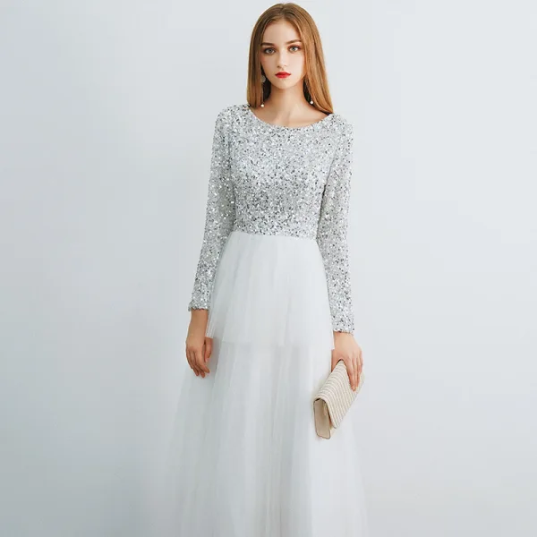 Affordable Ivory Evening Dresses  2019 A-Line / Princess Scoop Neck Long Sleeve Glitter Sequins Floor-Length / Long Ruffle Formal Dresses