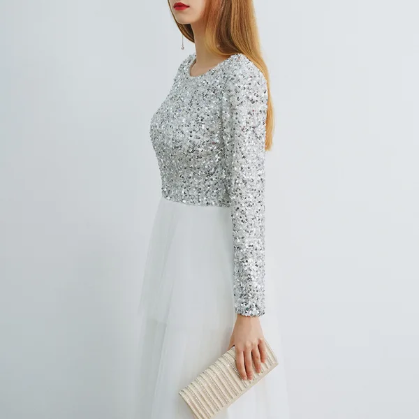 Affordable Ivory Evening Dresses  2019 A-Line / Princess Scoop Neck Long Sleeve Glitter Sequins Floor-Length / Long Ruffle Formal Dresses