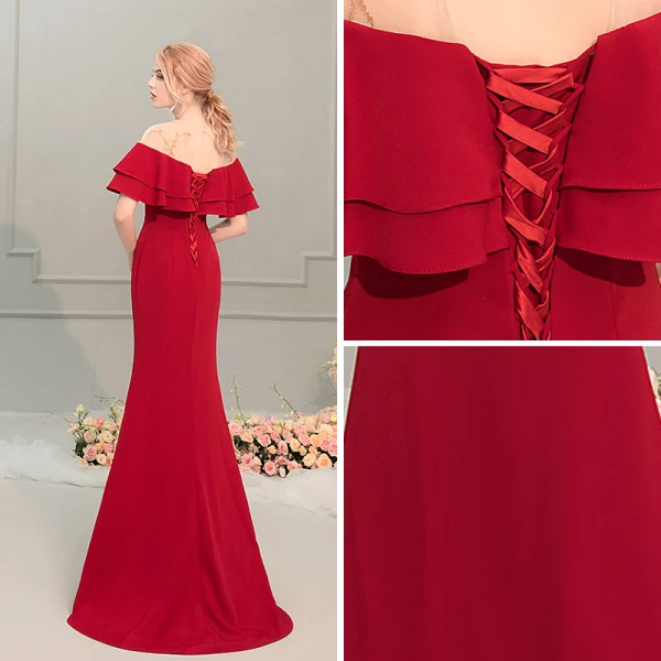Charmant Rouge Transparentes Robe De Soirée 2019 Trompette / Sirène Encolure Dégagée Manches Courtes Perlage Train De Balayage Volants Dos Nu Robe De Ceremonie