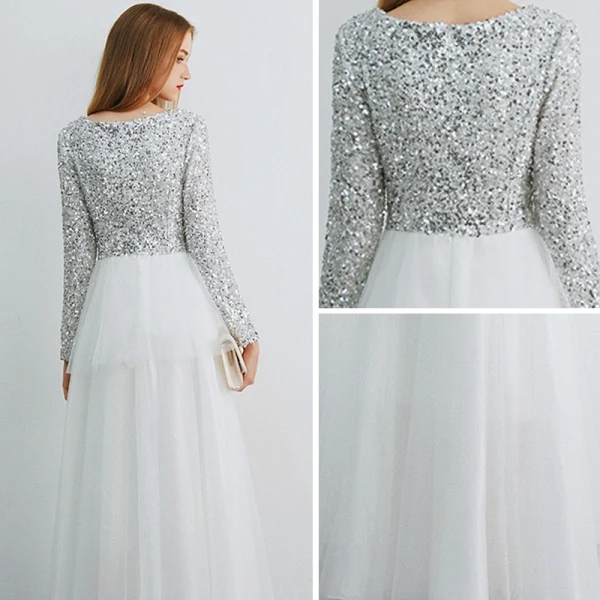 Affordable Ivory Evening Dresses  2019 A-Line / Princess Scoop Neck Long Sleeve Glitter Sequins Floor-Length / Long Ruffle Formal Dresses