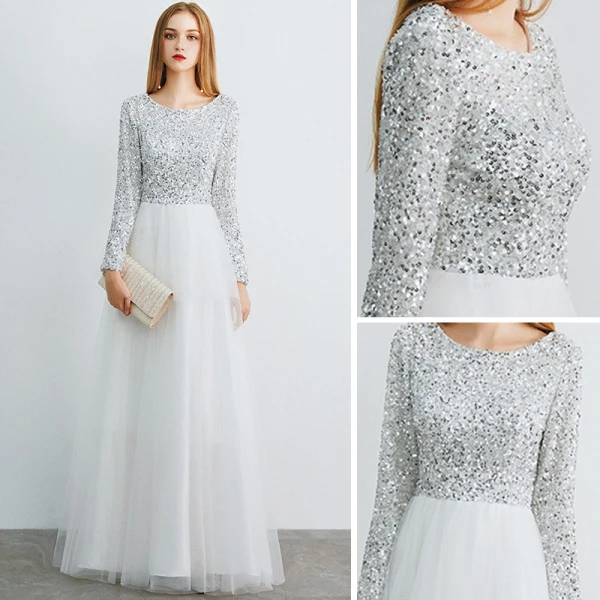 Affordable Ivory Evening Dresses  2019 A-Line / Princess Scoop Neck Long Sleeve Glitter Sequins Floor-Length / Long Ruffle Formal Dresses