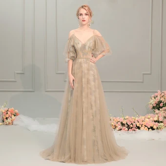 Elegant Champagne Evening Dresses 2019 A Line Princess Spaghetti Straps 1 2 Sleeves Sweep Train Ruffle Backless Formal Dresses
