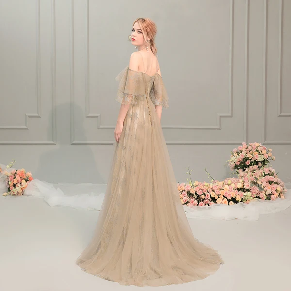 Élégant Champagne Robe De Soirée 2019 Princesse Bretelles Spaghetti 1/2 Manches Train De Balayage Volants Dos Nu Robe De Ceremonie