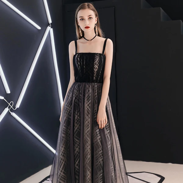 slim fit dress slacks Black Tulle Off Shoulder Long Prom Dress, Black Formal Graduation Dresses Custom Size / Black main image 0