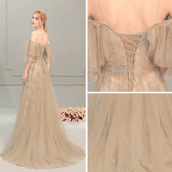 Élégant Champagne Robe De Soirée 2019 Princesse Bretelles Spaghetti 1/2 Manches Train De Balayage Volants Dos Nu Robe De Ceremonie