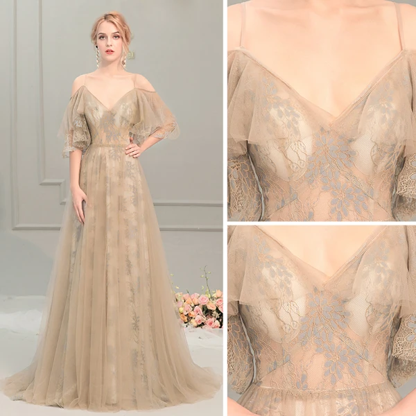 Élégant Champagne Robe De Soirée 2019 Princesse Bretelles Spaghetti 1/2 Manches Train De Balayage Volants Dos Nu Robe De Ceremonie