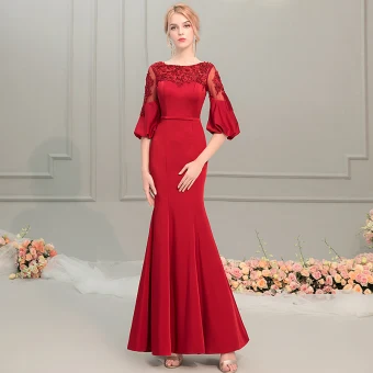Élégant Rouge Robe De Soirée 2019 Trompette Sirène Encolure Dégagée Gonflée 1 2 Manches Appliques En Dentelle Perlage Ceinture Longue Volants Dos Nu Robe De Ceremonie