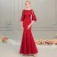Élégant Rouge Robe De Soirée 2019 Trompette / Sirène Encolure Dégagée Gonflée 1/2 Manches Appliques En Dentelle Perlage Ceinture Longue Volants Dos Nu Robe De Ceremonie