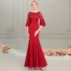 Elegant Red Evening Dresses  2019 Trumpet / Mermaid Scoop Neck Puffy 1/2 Sleeves Appliques Lace Beading Sash Floor-Length / Long Ruffle Backless Formal Dresses