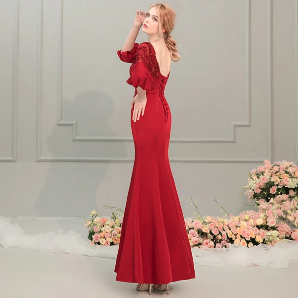 Élégant Rouge Robe De Soirée 2019 Trompette / Sirène Encolure Dégagée Gonflée 1/2 Manches Appliques En Dentelle Perlage Ceinture Longue Volants Dos Nu Robe De Ceremonie