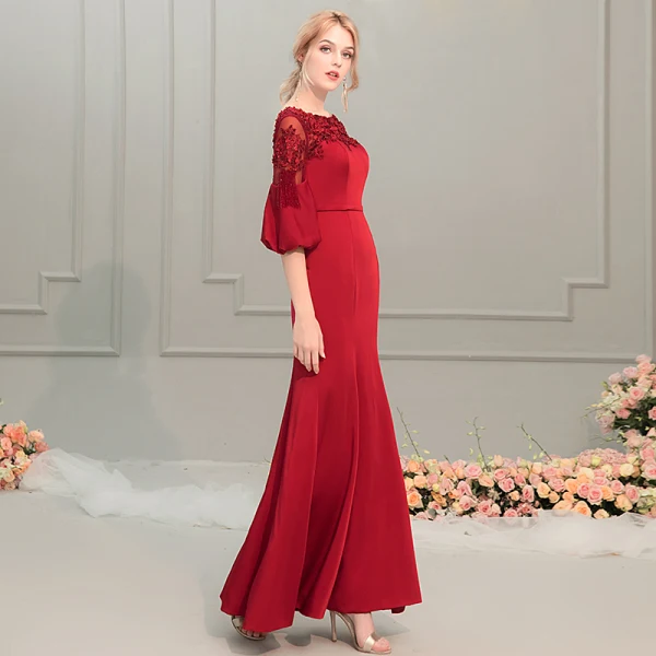 Élégant Rouge Robe De Soirée 2019 Trompette / Sirène Encolure Dégagée Gonflée 1/2 Manches Appliques En Dentelle Perlage Ceinture Longue Volants Dos Nu Robe De Ceremonie