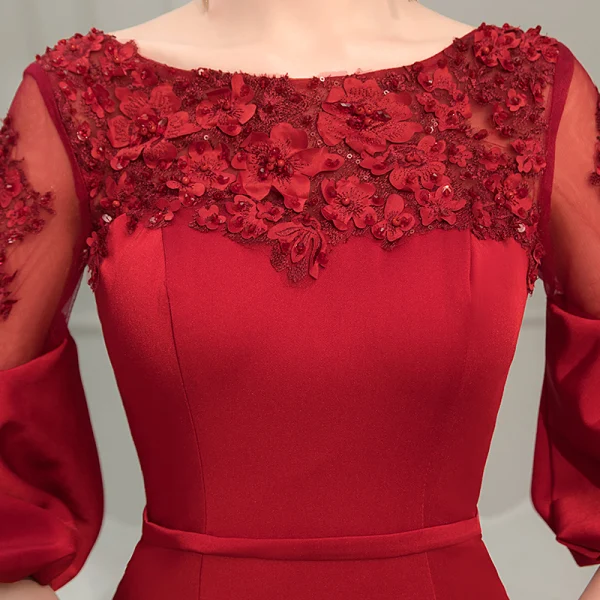 Élégant Rouge Robe De Soirée 2019 Trompette / Sirène Encolure Dégagée Gonflée 1/2 Manches Appliques En Dentelle Perlage Ceinture Longue Volants Dos Nu Robe De Ceremonie