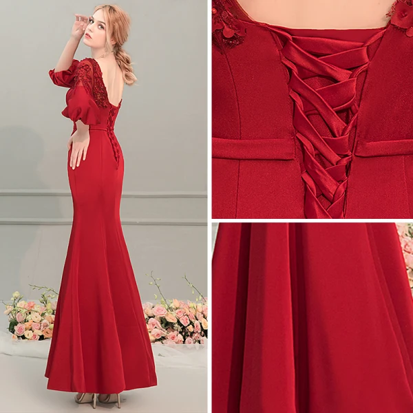 Élégant Rouge Robe De Soirée 2019 Trompette / Sirène Encolure Dégagée Gonflée 1/2 Manches Appliques En Dentelle Perlage Ceinture Longue Volants Dos Nu Robe De Ceremonie