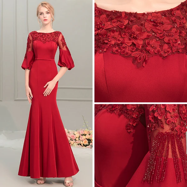 Élégant Rouge Robe De Soirée 2019 Trompette / Sirène Encolure Dégagée Gonflée 1/2 Manches Appliques En Dentelle Perlage Ceinture Longue Volants Dos Nu Robe De Ceremonie