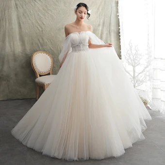 Stilig Champagne Brudekjoler 2019 Prinsesse Strapless Korte Ermer Ryggløse Beading Feie Tog Buste