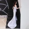 Affordable Silver Evening Dresses  2019 Trumpet / Mermaid Strapless Sleeveless Court Train Ruffle Backless Formal Dresses