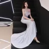 Affordable Silver Evening Dresses  2019 Trumpet / Mermaid Strapless Sleeveless Court Train Ruffle Backless Formal Dresses