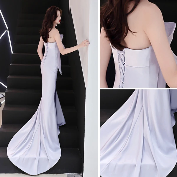 Abordable Argenté Robe De Soirée 2019 Trompette / Sirène Bustier Sans Manches Tribunal Train Volants Dos Nu Robe De Ceremonie