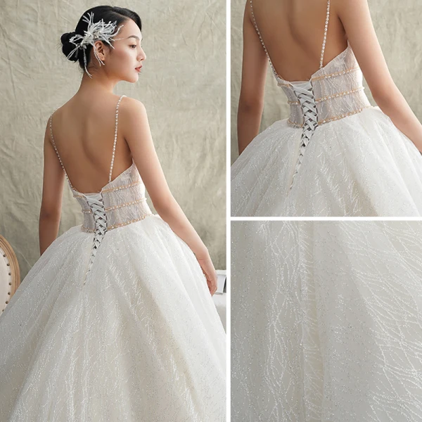 Luxury / Gorgeous Ivory Wedding Dresses 2019 A-Line / Princess Spaghetti Straps Sleeveless Backless Beading Pearl Glitter Tulle Court Train Ruffle