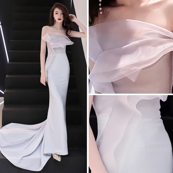 Abordable Argenté Robe De Soirée 2019 Trompette / Sirène Bustier Sans Manches Tribunal Train Volants Dos Nu Robe De Ceremonie