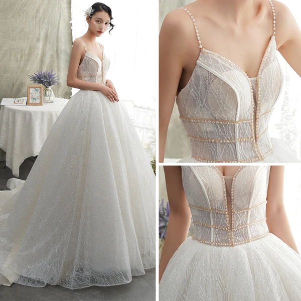 Luxury / Gorgeous Ivory Wedding Dresses 2019 A-Line / Princess Spaghetti Straps Sleeveless Backless Beading Pearl Glitter Tulle Court Train Ruffle